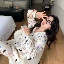 卡通波点睡衣女款春秋季云朵棉纱长袖套装可爱开衫休闲家居服夏天