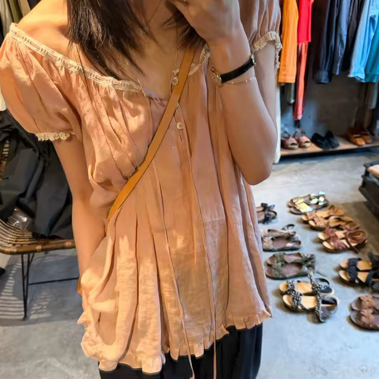 Korean Style Dongdaemun 100% Ramie Lace Splicing Loose Short-Sleeve Shirt, New Summer Fashion Sweet Top for Women