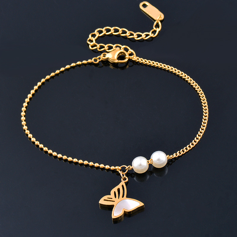 Simple Style Flower Butterfly Titanium Steel Inlay Artificial Pearls Bracelets 1 Piece display picture 3