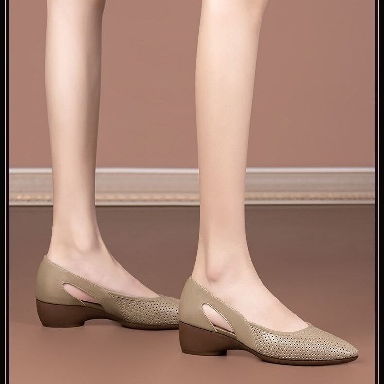 Sheepskin Breathable Hollow-Out Single Shoes with Wedge Heels for Women, Summer Round-Toe Fashion Perforated Slip-On Work Shoes for Women Sheepskin Breathable Hollow-Out Single Shoes with Wedge Heels for Women, Summer Round-Toe Fashion Perforated Slip-On Work Shoes for Women