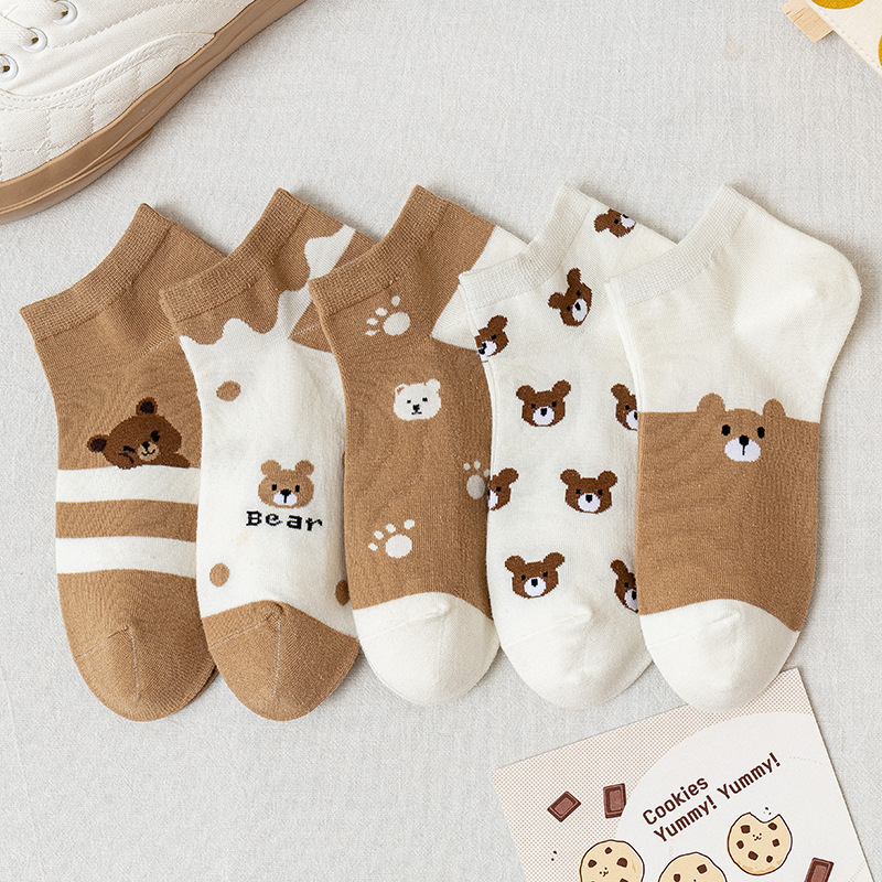 Socks Women's Low-Cut Socks Spring and Autumn Cute Japanese Style Cartoon Brown Bear Summer Thin Invisible Short Ankle Socks Women