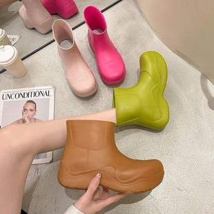 Ashigo Mona Style Women's Fashion Rain Boots Avocado Green Thick-Soled Height-Increasing Non-Slip Water Shoes Short Rain Boots