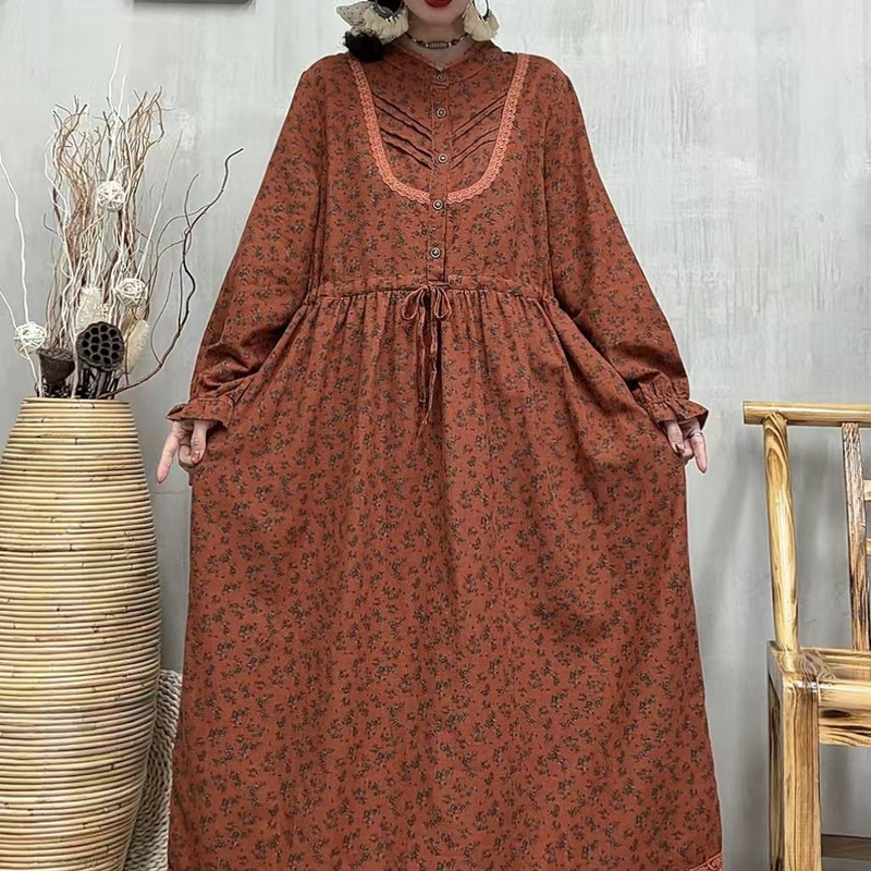 2025 Autumn Plus Size Cotton Linen Extended Floral Long Dress with Ruffled Hem and Lantern Sleeves for Women