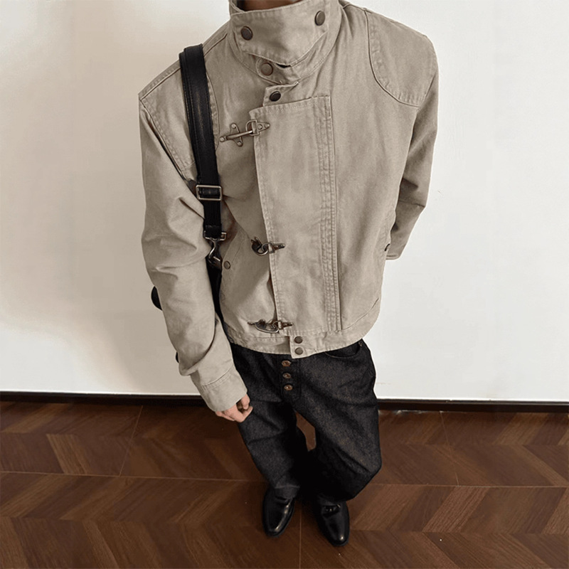 Barn Style Stand Collar Deconstructed Flight Jacket Men's Autum American Cleanfit Short Distressed Silhouette Work Jacket