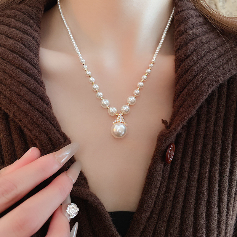 真金电镀圆形珍珠款耳钉项链套装小众耳环时尚气质耳饰轻奢高级感详情32