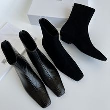 渠道纯原鳄鱼纹牛皮低跟短靴 法式复古牛仔靴新款方头低跟踝靴女