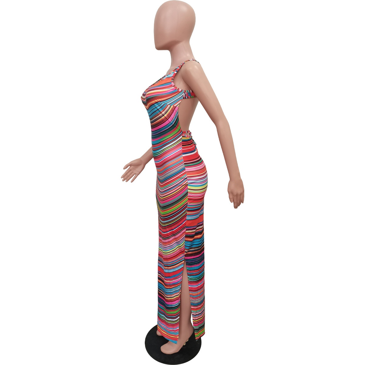 Women Clothing Spring Summer Sleeveless Colorful Printing Split Dress