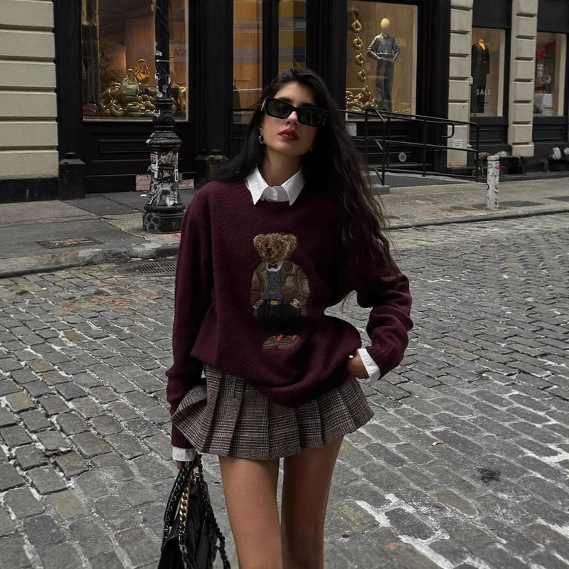 European and American 2026 Amazon Autumn and Winter Hot-Selling Women's Clothing, College Style Rl Embroidery, Qr Code Patch Bear Knit Sweater European and American 2026 Amazon Autumn and Winter Hot-Selling Women's Clothing, College Style Rl Embroidery, Qr Code Patch Bear Knit Sweater