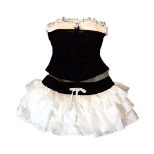 蕾絲拼接黑白撞色性感吊帶背心女外穿短款修身純欲百搭上衣半身裙