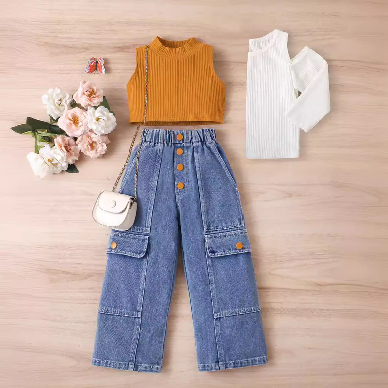 European and American Cross-border Children's Wear Girls Summer Pit Solid Color Sleeveless Shoulder Pullover Rapped Denim Trousers Two-piece Set European and American Cross-border Children's Wear Girls Summer Pit Solid Color Sleeveless Shoulder Pullover Rapped Denim Trousers Two-piece Set