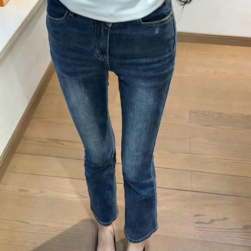 Korean Women's Versatile Washed and Distressed Slimming Spring Flared Cropped Pants with High Waist and Stretch, New Style Jeans for Women Korean Women's Versatile Washed and Distressed Slimming Spring Flared Cropped Pants with High Waist and Stretch, New Style Jeans for Women