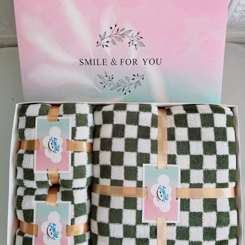 高品质高密珊瑚绒毛巾浴巾吸水亲肤柔软棋盘格套巾三件套礼盒批发|undefined