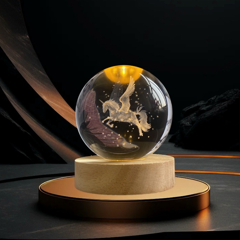 Lámpara de Noche de Cristal con Diseño de Cielo Estrellado 3D, Regalo Navideño, Base Redonda de Madera Luminosa, Lámpara de Mesa, Adorno, Regalo de Navidad