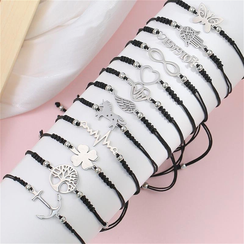 Temu Hot Sale 12 Pieces of Fashionable Alloy Pendant Braided Charm Bracelet Black Rope Geometric Animal Figure 8 Bracelet Set