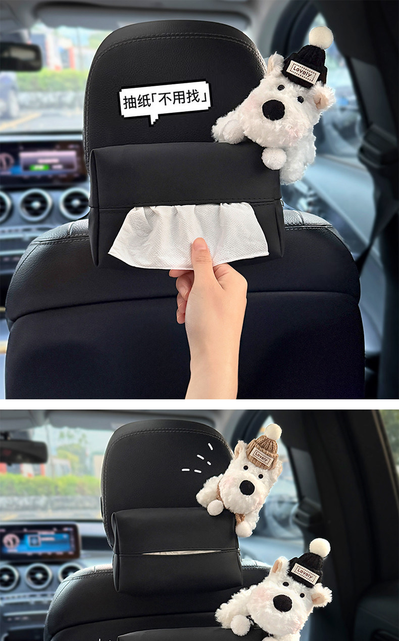 Car-Mounted Tissue Box, Car Hanging Tissue Bag, West Highland Headrest Tissue Box, Front and Rear Seat Decoration, Cute Cartoon for Women