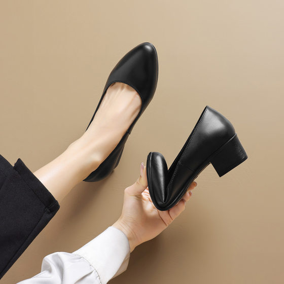 Stewardess Work Shoes Black Women's Leather Shoes Work Long Standing Not Tired Feet Soft Bottom Interview Professional Pointed High Heeled Single Shoes