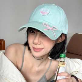 ola原创爱心刺绣鸭舌帽女蝴蝶结软妹棒球帽显脸小薄荷绿帽子批发