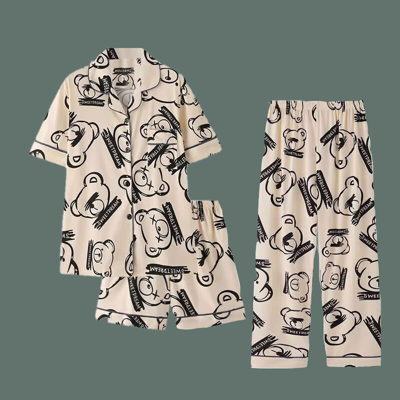 2024 nuevo pijama de pareja mujer algodón de verano de manga corta tres piezas set japonés panda hombre ropa de hogar de verano