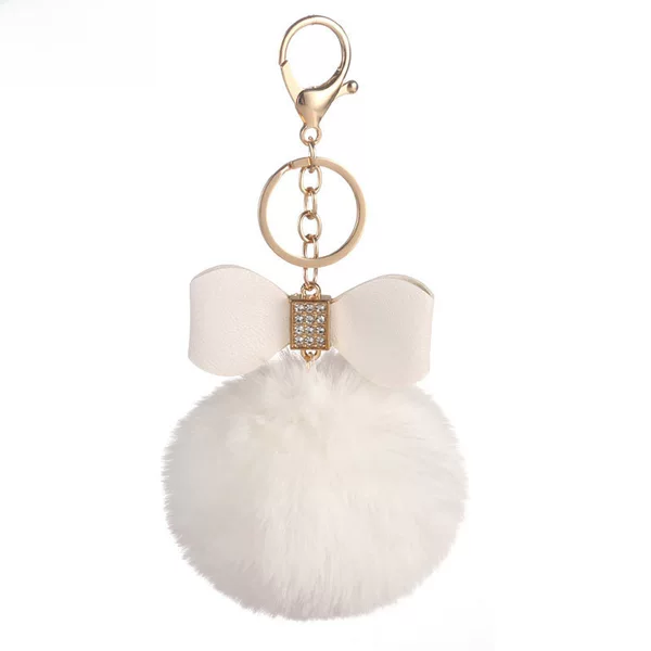pu bow 8cm fur ball plush imitation summer fur ball keychain rhinestone jewelry pendant female wholesale pendant