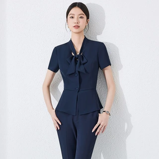 JY6527短袖小香风西装套装2025夏季收腰气质珠宝店美容院工作服