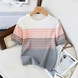 跨境圆领针织衫2025夏装新款女装时尚渐变色条纹短袖正肩套头上衣