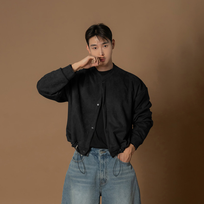 Black Short Suede Brushed Round-Neck Jacket for Men, Spring and Autumn Season, Drawstring Waist Design, Loose Fit Business Executive Coat