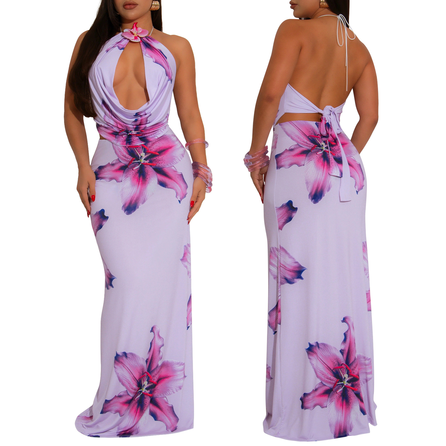 402g Weight Sleeveless Sleeve Length Polyester Fabric Type Skirt Co-ord Set Sets Type 2 Pieces Set Quantity Casual, Holiday Occasion Halter Neck Neckline Slim Fit Type Flower Pattern Summer Season Women's Gender Sexy, Streetwear Style Casual Holiday Women's Sexy Streetwear Flower Polyester Skirt Co-ord Set Skirt Sets 8