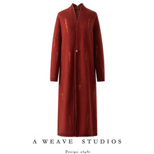 秋冬新款V领针织开衫破洞复古山羊绒衫女纯色长款一粒扣舒适外搭