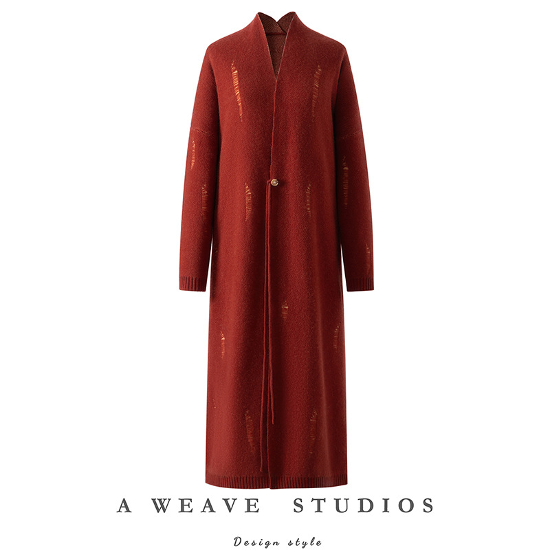 秋冬新款V领针织开衫破洞复古山羊绒衫女纯色长款一粒扣舒适外搭