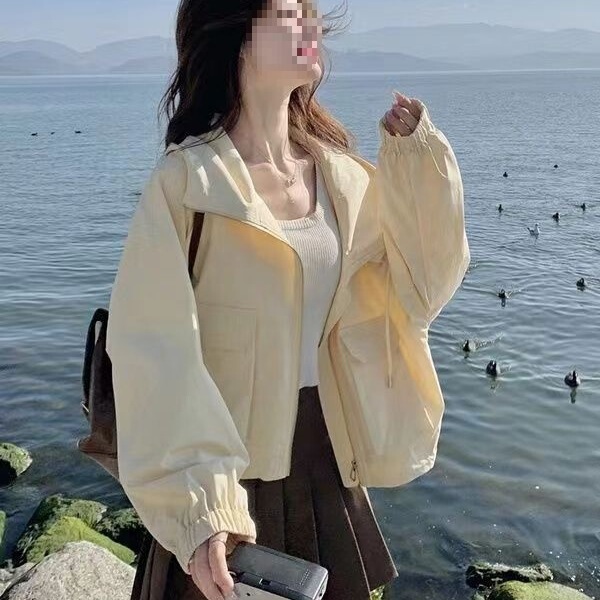 Drawstring Jacket 2025 Solid Color Short Jacket Women's Spring and Autumn Workwear Hooded Jacket Top Small Loose