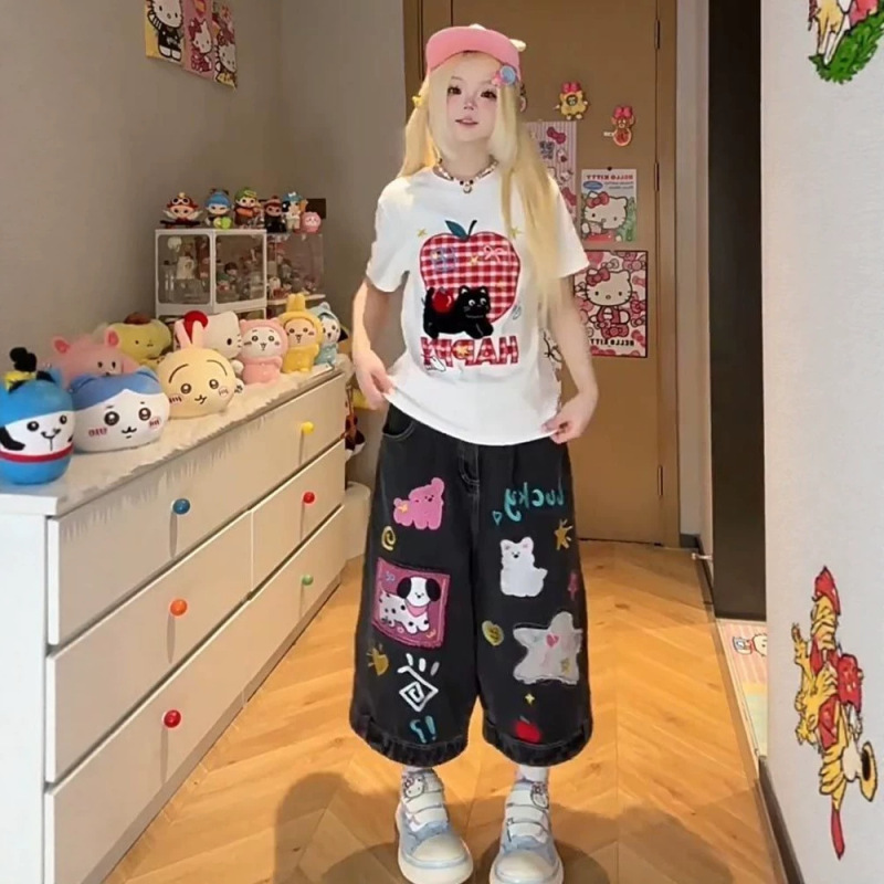 American High Street Cute Style Retro Design Printed Cropped Jeans for Women Summer Cartoon Playful Patchwork Shorts