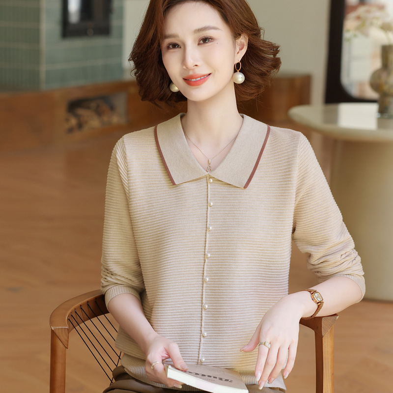 年轻妈妈秋装时尚针织上衣洋气质翻领打底小衫2025新款中老年女装|undefined
