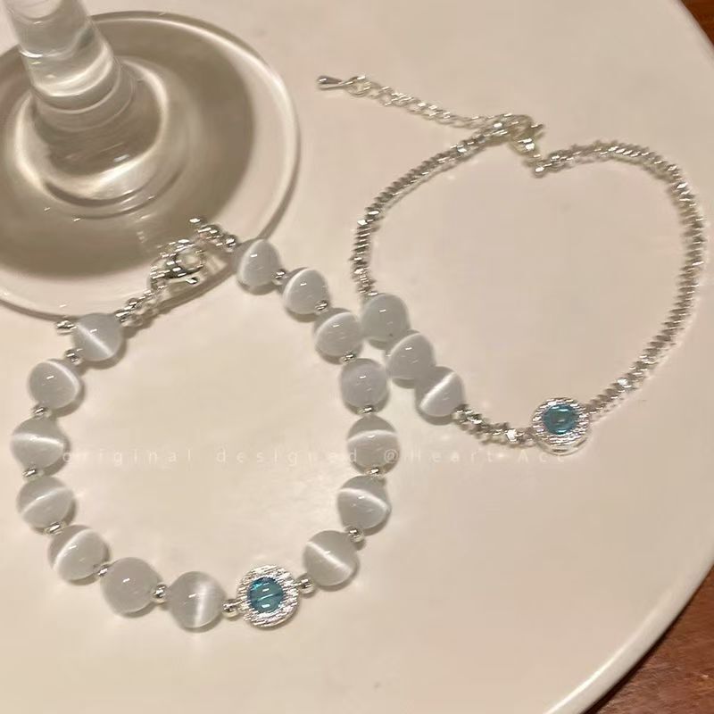 Undersea Starry Sky Natural Cat's Eye Silver Beaded Bracelet Light Luxury Niche Simple Bracelet Elegant Bracelet