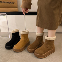 牛皮版~小个子冬季加绒松糕厚底毛毛瘦瘦靴女短靴东北增高显瘦棉