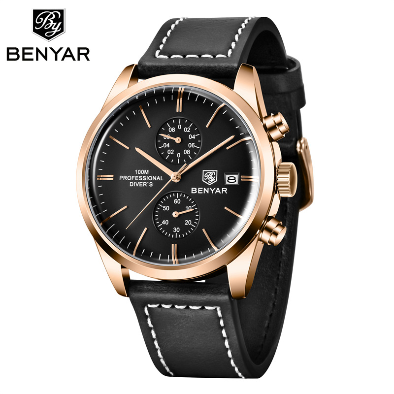 BENYAR Binya 5187 nuevo movimiento de cuarzo multifuncional correa de cuero reloj de calendario casual de negocios para hombres