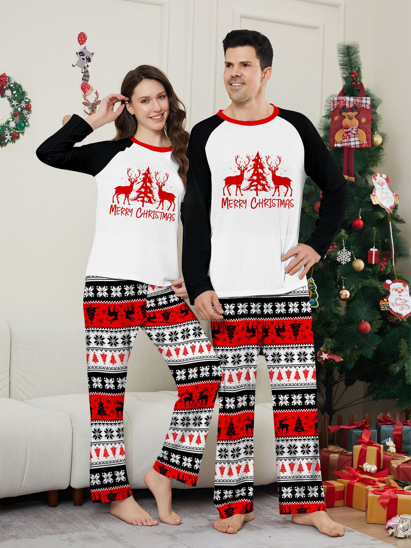 Robe de famille de Noël imprimée, pyjama, robe de maison, lettres de flocon de neige, Père Noël, cerf_voghion.com