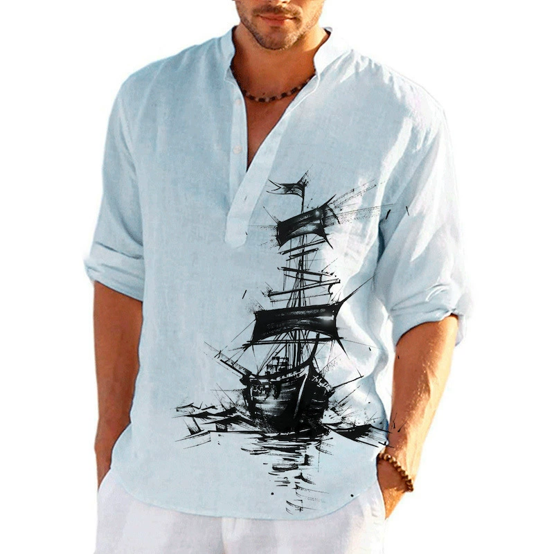2024 новая летняя рубашка с принтом, гавайская рубашка с воротником-стойкой, рубашка с длинными рукавами, парусная пляжная 3d рубашка