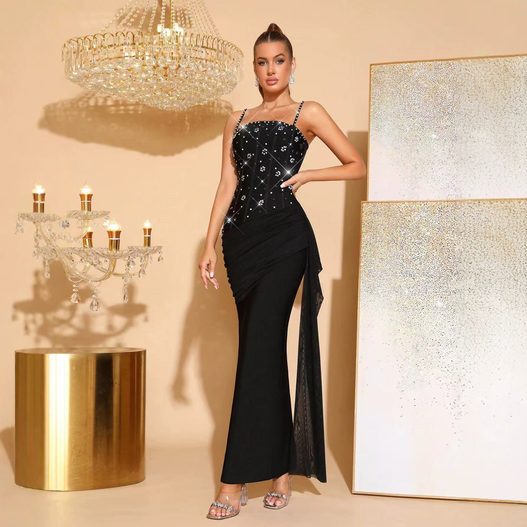 Elegant Bandage Dress With Beading & Crystals | Off-Shoulder Bodycon Gown For Parties, Galas, And Special Occasions_ecoleips.com