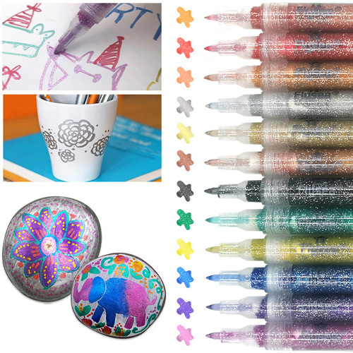 Cross-border best-selling acrylic glitter pen 12-color water-based glitter handbook coloring greeting cards color graffiti painting pearlescent pen