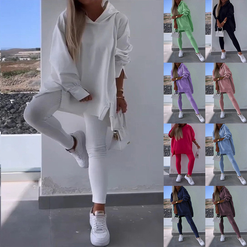 2024 Amazon Independent Station Cross-border Women's Sports Casual Slit Hooded Sweat Jacket Tight Pants Two-piece Set