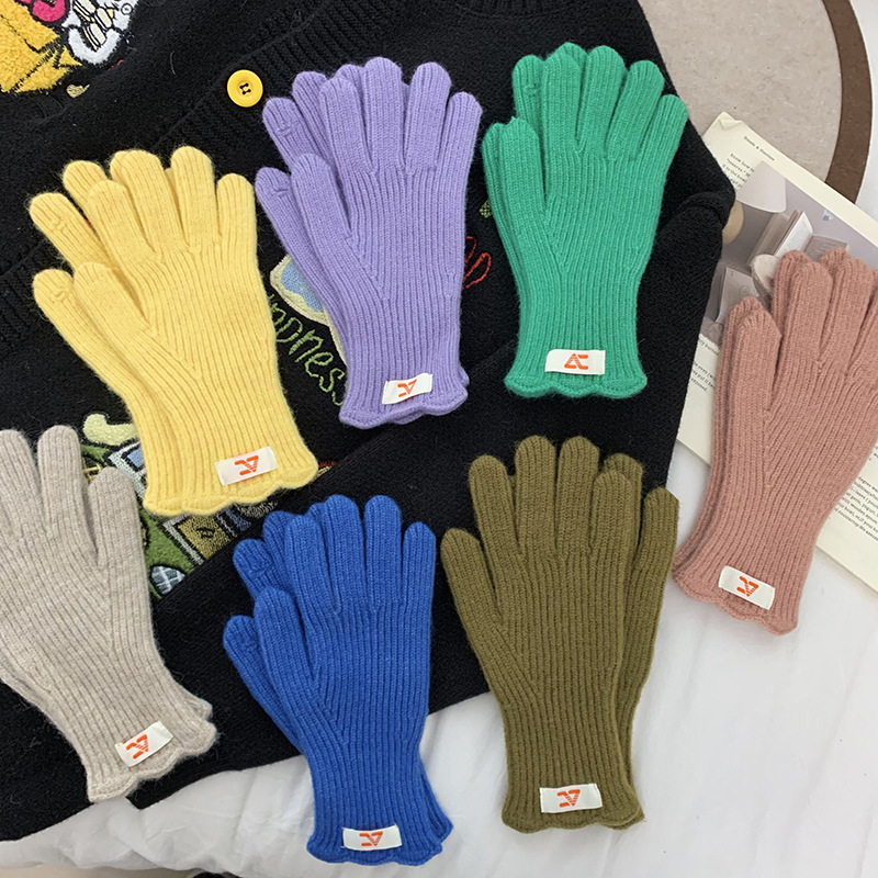 Guantes de lana de punto para mujeres otoño y invierno alargados y gruesos guantes de ciclismo de encaje caliente de color sólido con pantalla táctil