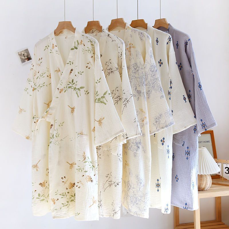 Plus Size Kimono Nightgown Women's Pure Cotton Gauze Nightgown Long Cardigan Summer Thin Bathrobe Pajamas Home Clothes Steaming Suit