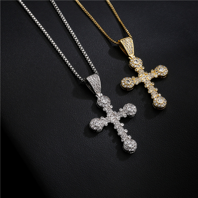 punk style copper micro-inlaid zircon cross pendant necklace