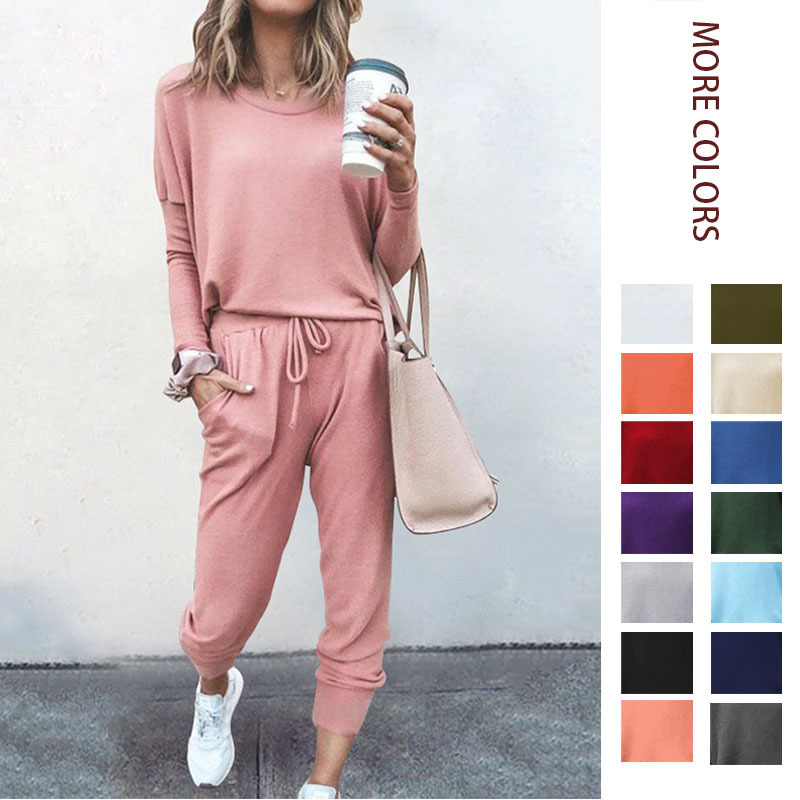 2026 Amazon In-Stock Autumn and Winter New Cross-Border European and American Women's Clothing Loose Solid Color Long-Sleeve Casual Set