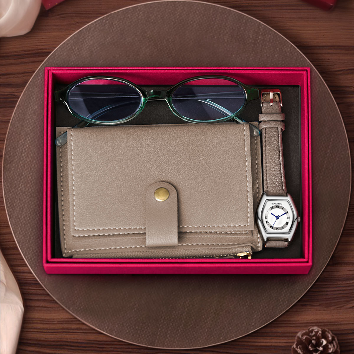 Luckyfox Cross-Border Popular Retro Women's Quartz Watch with Card Holder Wallet Glasses Gift Set 3