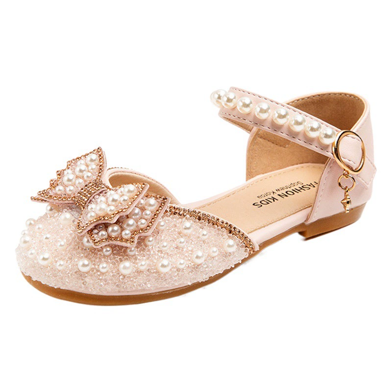 Туфли принцессы для девочек, новинка 2024, детские стильные сандалии, детские летние туфли с бантом и жемчугом, одинарные туфли для маленьких девочек