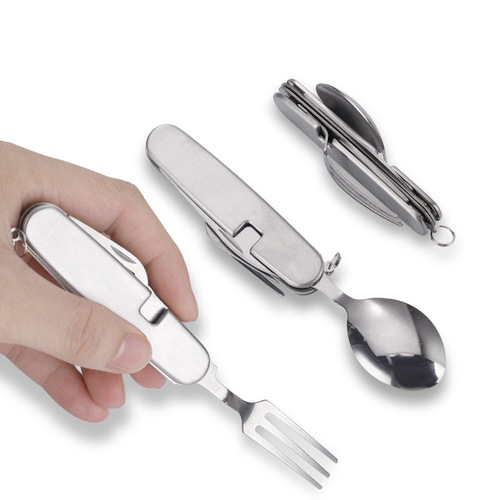 All-in-one portable folding storage stainless steel cutlery, forks and spoons, outdoor multi-purpose camping tableware, creative picnic tools