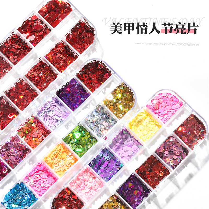 Transfronterizo nuevo día de San Valentín lentejuelas de uñas 12-rejilla caja larga corazón labio letras lentejuelas de uñas Decoración