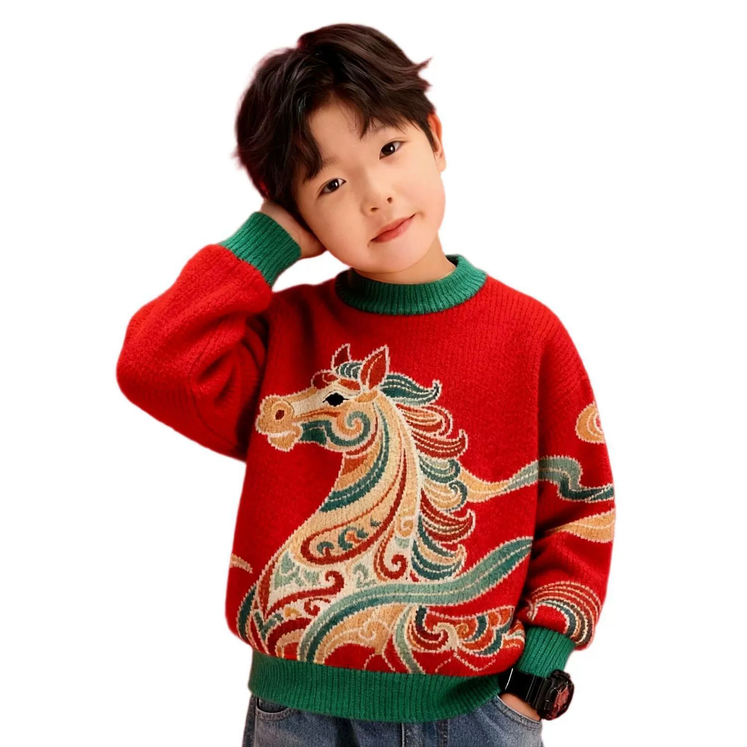 Children's knitted red sweater, 2026 years, western style, Chinese style