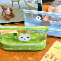 四つ葉のクローバー幸運の子猫縦型鉛筆バッグイン透明二層大容量高価値学生文具収納袋